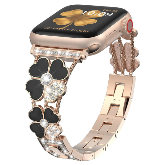 For Apple Watch 2 38mm Petal Metal Diamond Watch Band(Rose Gold+Black) - Watch Bands by PMC Jewellery | Online Shopping South Africa | PMC Jewellery