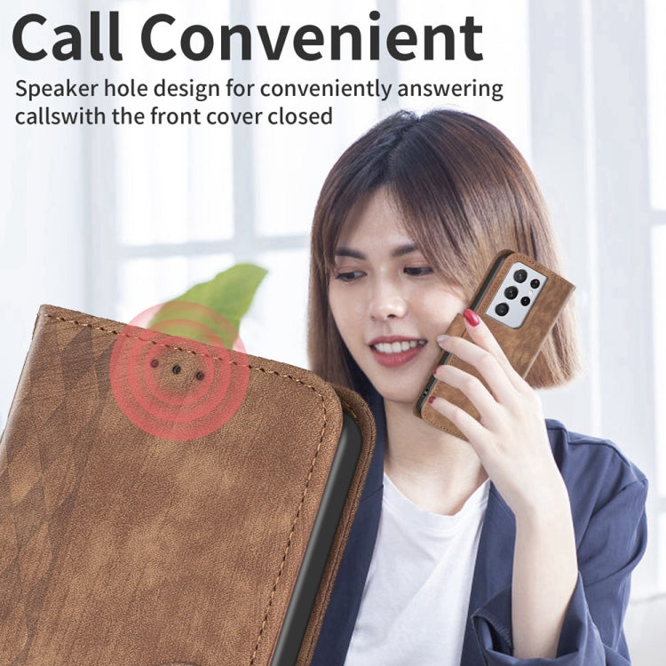 For Samsung Galaxy S21 Ultra 5G Plaid Embossed Leather Phone Case(Brown) - free shipping - PMC TechLife - Order now!