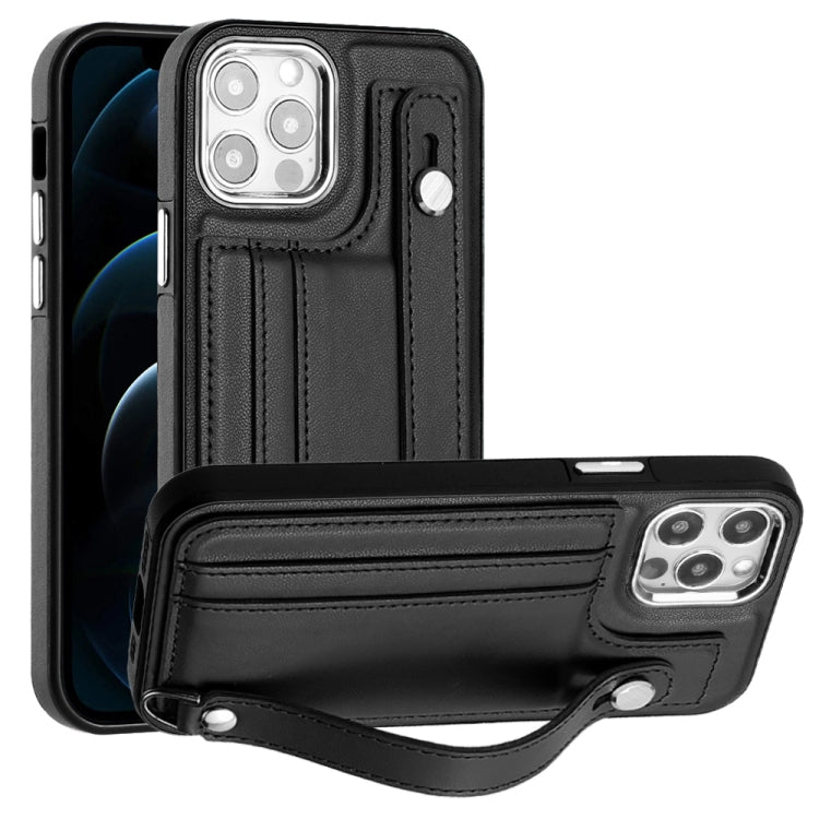 For iPhone 12 / 12 Pro Shockproof Leather Phone Case with Wrist Strap(Black) - iPhone 12 / 12 Pro Cases by PMC Jewellery | Online Shopping South Africa | PMC Jewellery