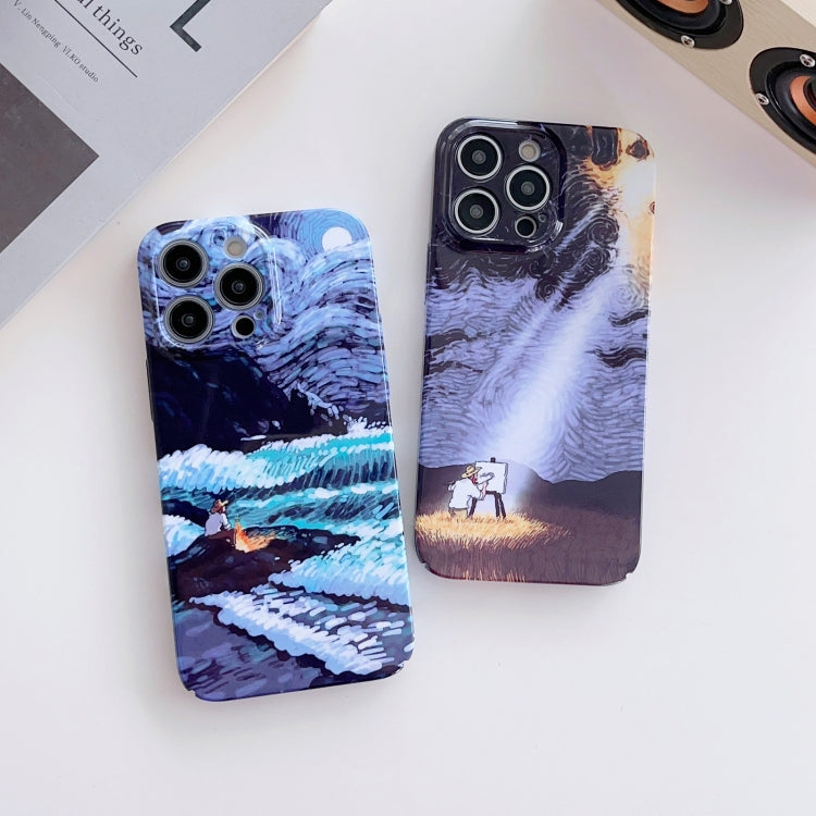 For iPhone 12 Precise Hole Oil Painting Pattern PC Phone Case(Rain) - iPhone 12 / 12 Pro Cases by PMC Jewellery | Online Shopping South Africa | PMC Jewellery