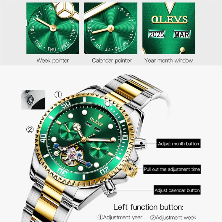 OLEVS 6605 Men Multifunctional Waterproof Mechanical Watch(Green + Gold) - Metal Strap Watches by OLEVS | Online Shopping South Africa | PMC Jewellery