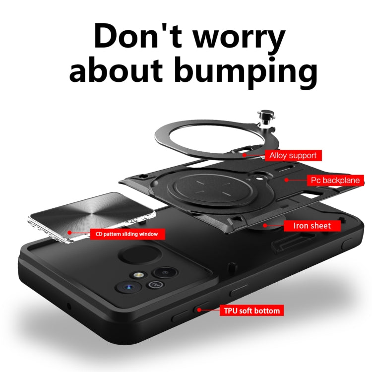 For Xiaomi Redmi 12C CD Texture Sliding Camshield Magnetic Holder Phone Case(Black) - free shipping - PMC TechLife - Order now!