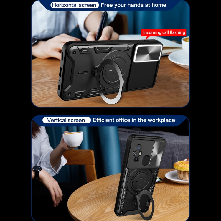 For Xiaomi Redmi 12C CD Texture Sliding Camshield Magnetic Holder Phone Case(Black) - free shipping - PMC TechLife - Order now!