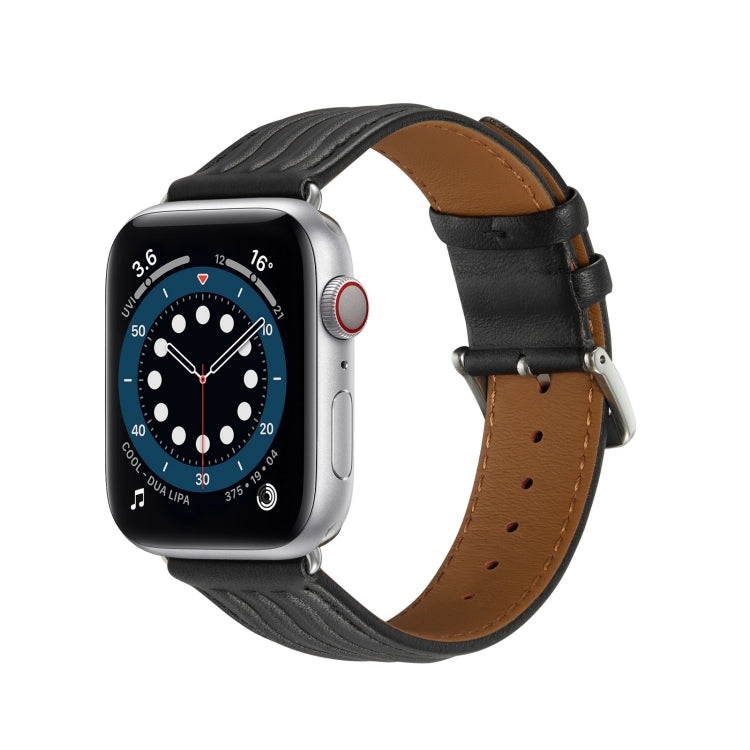 Embossed Line Genuine Leather Watch Band For Apple Watch SE 2022 40mm(Black) - Watch Bands by PMC Jewellery | Online Shopping South Africa | PMC Jewellery