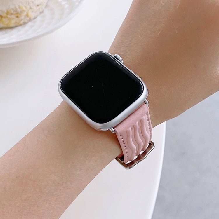 Embossed Line Genuine Leather Watch Band For Apple Watch SE 2022 44mm(Pink) - Watch Bands by PMC Jewellery | Online Shopping South Africa | PMC Jewellery