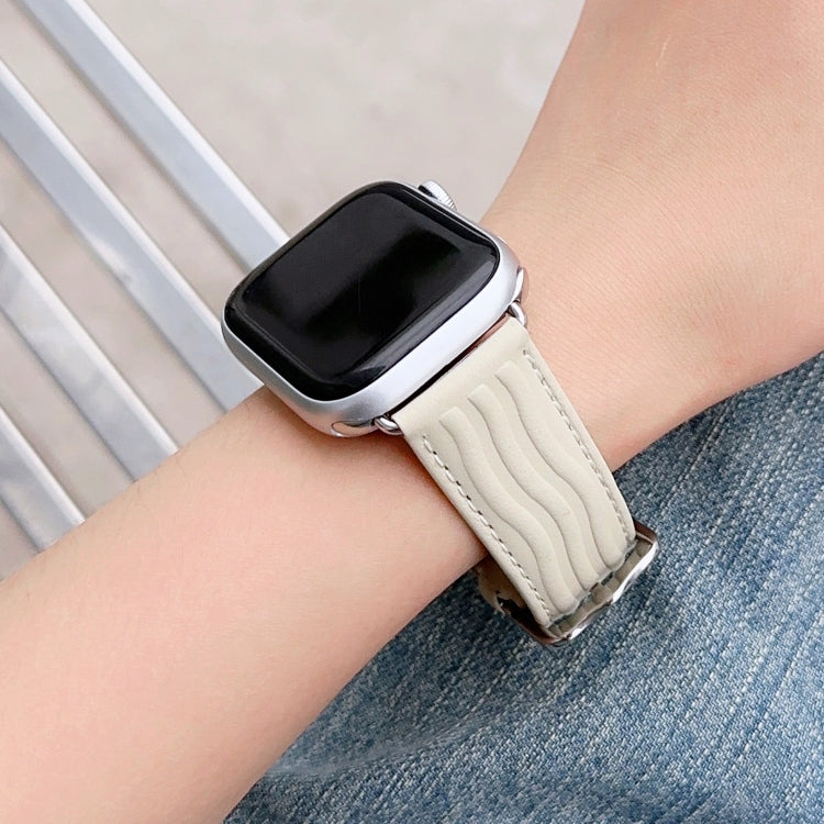 Embossed Line Genuine Leather Watch Band For Apple Watch SE 44mm(Milky White) - Watch Bands by PMC Jewellery | Online Shopping South Africa | PMC Jewellery