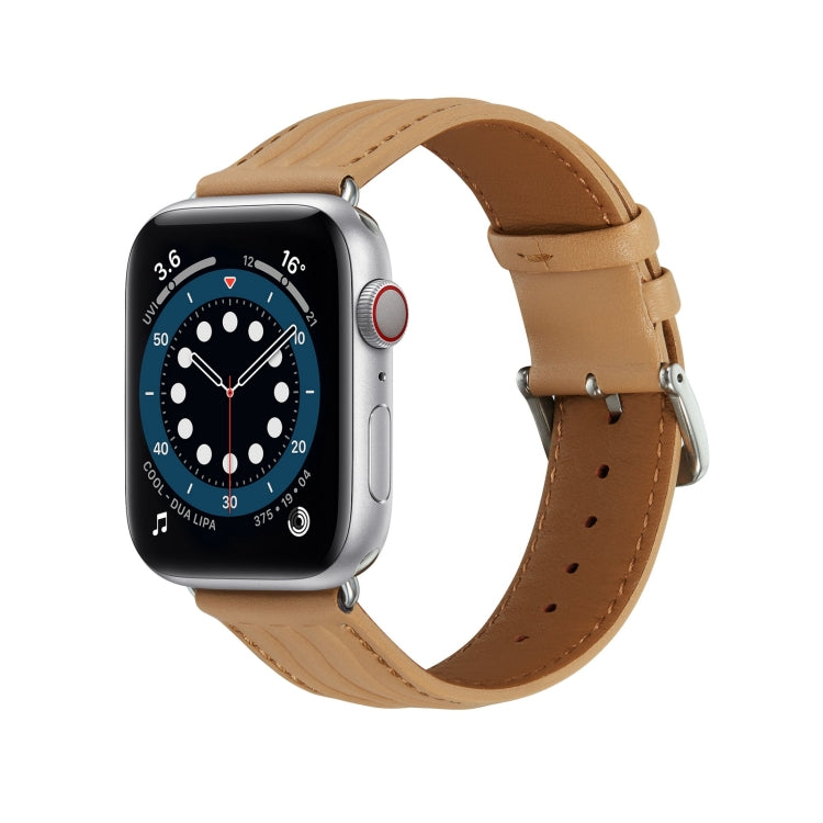 Embossed Line Genuine Leather Watch Band For Apple Watch 3 42mm(Khaki) - Watch Bands by PMC Jewellery | Online Shopping South Africa | PMC Jewellery