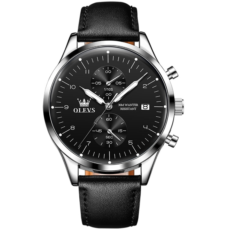 OLEVS 2880 Men Multifunctional Business Waterproof Leather Strap Quartz Watch(Black + Silver) - Leather Strap Watches by OLEVS | Online Shopping South Africa | PMC Jewellery | Buy Now Pay Later Mobicred