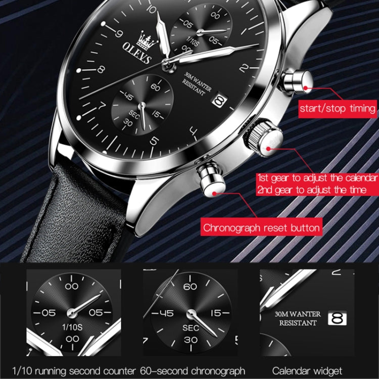 OLEVS 2880 Men Multifunctional Business Waterproof Leather Strap Quartz Watch(Black + Silver) - Leather Strap Watches by OLEVS | Online Shopping South Africa | PMC Jewellery | Buy Now Pay Later Mobicred