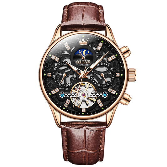 OLEVS 6658 Men Luminous Waterproof Leather Strap Mechanical Watch(Black + Rose Gold) - Leather Strap Watches by OLEVS | Online Shopping South Africa | PMC Jewellery