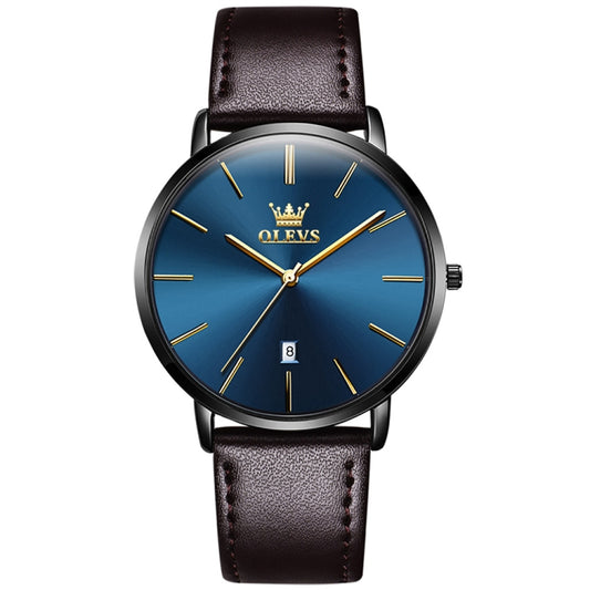 OLEVS 5869 Men Business Waterproof Genuine Leather Strap Quartz Watch(Blue + Dark Brown) - Leather Strap Watches by OLEVS | Online Shopping South Africa | PMC Jewellery