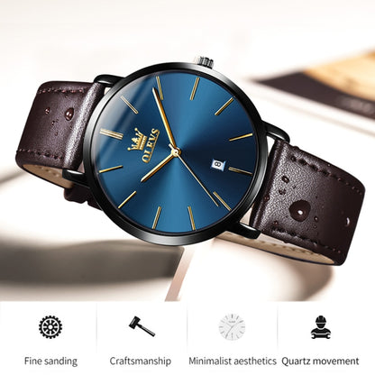 OLEVS 5869 Men Business Waterproof Genuine Leather Strap Quartz Watch(Blue + Dark Brown) - Leather Strap Watches by OLEVS | Online Shopping South Africa | PMC Jewellery