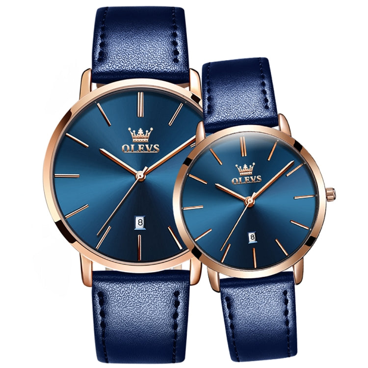 OLEVS 5869 1 Pair Couple Waterproof Genuine Leather Strap Quartz Watch(Blue) - Couple Watches by PMC Jewellery | Online Shopping South Africa | PMC Jewellery