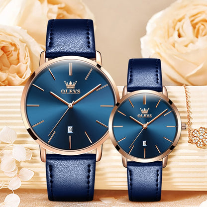 OLEVS 5869 1 Pair Couple Waterproof Genuine Leather Strap Quartz Watch(Blue) - Couple Watches by PMC Jewellery | Online Shopping South Africa | PMC Jewellery