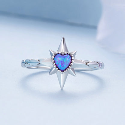 BSR455-6 S925 Sterling Silver White Gold Plated Heart Shape Star Opal Ring Bracelet - Rings by PMC Jewellery | Online Shopping South Africa | PMC Jewellery