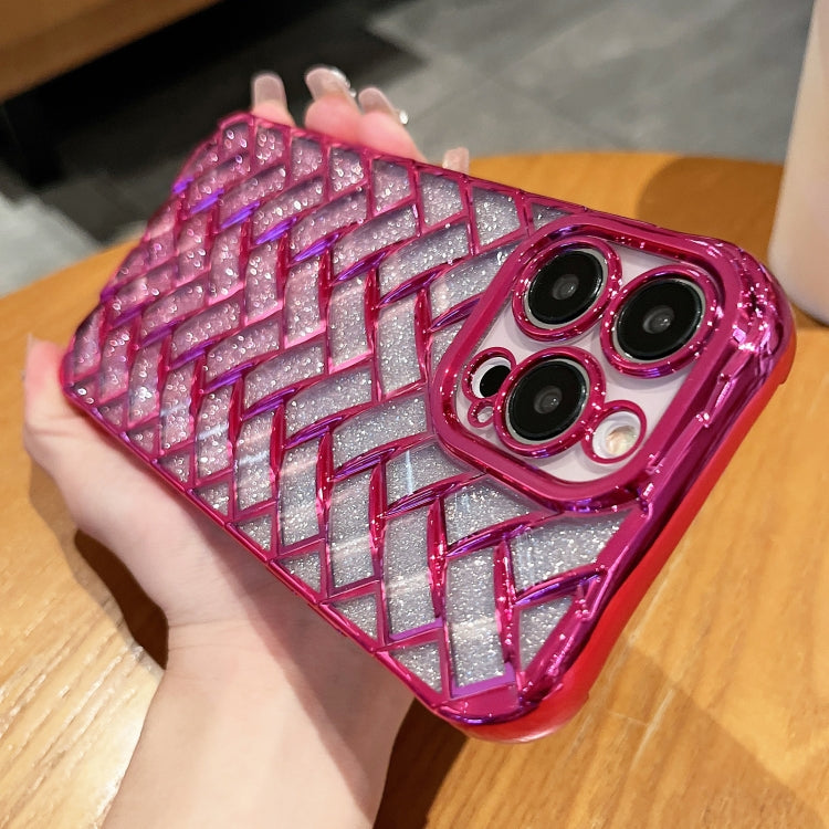 For iPhone 14 Pro Max Woven Grid 3D Electroplating Laser Engraving Glitter Paper Phone Case(Rose Gold) - iPhone 14 Pro Max Cases by PMC Jewellery | Online Shopping South Africa | PMC Jewellery