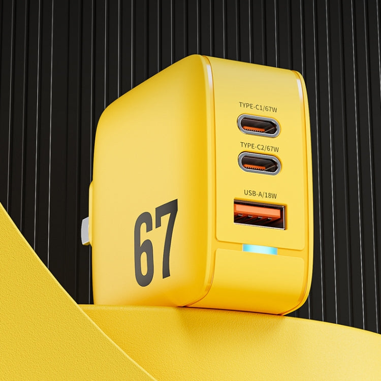 WK WP-U141 67W USB+Double USB-C / Type-C GaN Charger, Plug:UK Plug(Yellow) - free shipping - PMC TechLife - Order now!
