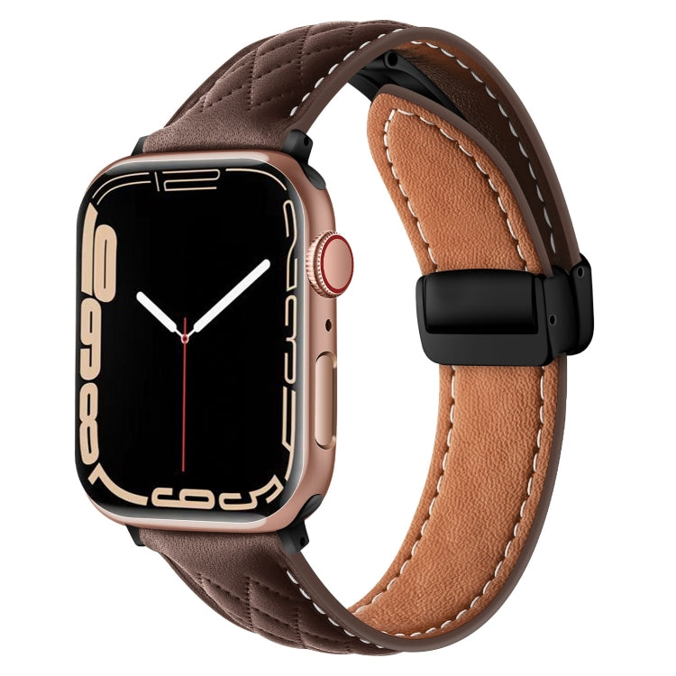 For Apple Watch 7 45mm Folding Buckle Rhombus Leather Watch Band(Coffee) - Watch Bands by PMC TechLife | Online Shopping South Africa | PMC TechLife