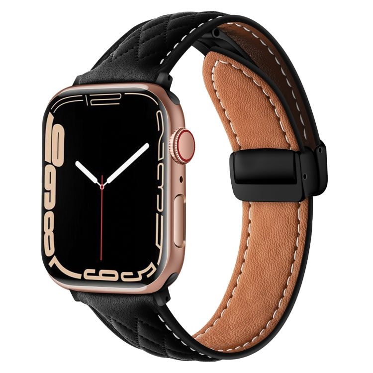 For Apple Watch 2 38mm Folding Buckle Rhombus Leather Watch Band(Black) - Watch Bands by PMC TechLife | Online Shopping South Africa | PMC TechLife