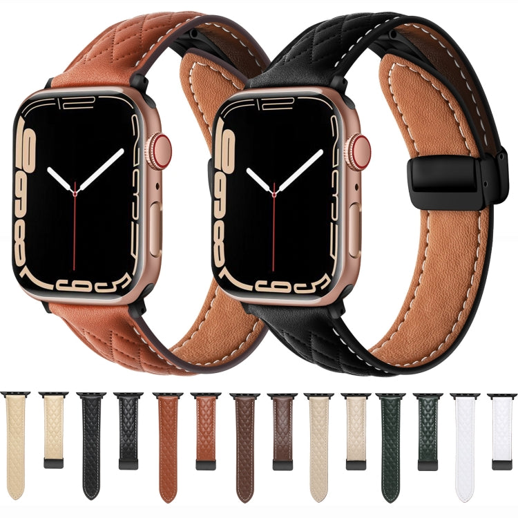 For Apple Watch 7 41mm Folding Buckle Rhombus Leather Watch Band(White) - Watch Bands by PMC TechLife | Online Shopping South Africa | PMC TechLife