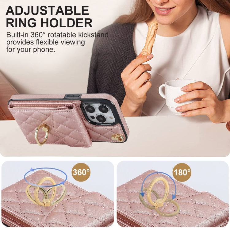 For iPhone 13 Pro Max Rhombic Texture Card Bag Phone Case with Long Lanyard(Rose Gold) - free shipping - PMC TechLife - Order now!
