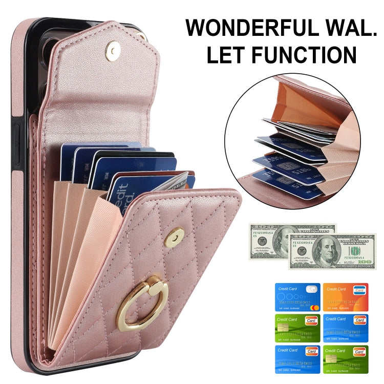 For iPhone 13 Pro Max Rhombic Texture Card Bag Phone Case with Long Lanyard(Rose Gold) - free shipping - PMC TechLife - Order now!