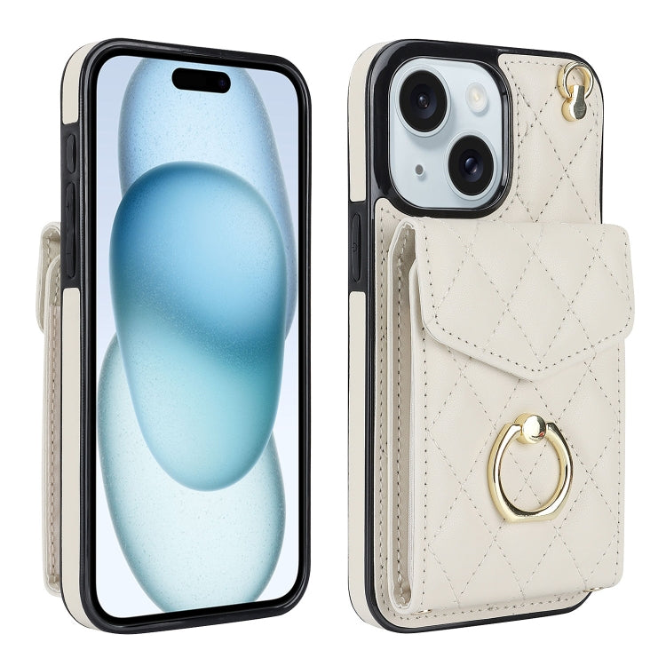 For iPhone 15 Plus Rhombic Texture Card Bag Phone Case with Long Lanyard(White) - iPhone 15 Plus Cases by PMC TechLife | Online Shopping South Africa | PMC TechLife | Buy Now Pay Later Mobicred