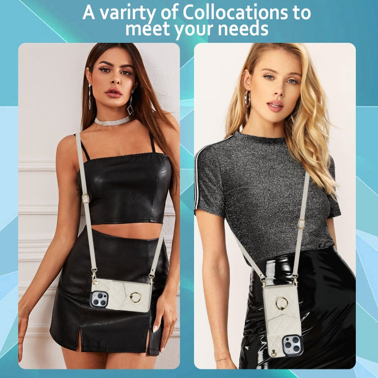 For iPhone 15 Plus Rhombic Texture Card Bag Phone Case with Long Lanyard(White) - iPhone 15 Plus Cases by PMC TechLife | Online Shopping South Africa | PMC TechLife | Buy Now Pay Later Mobicred