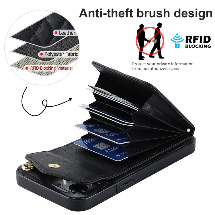 For iPhone 15 Rhombic Texture Card Bag Phone Case with Long Lanyard(Black) - iPhone 15 Cases by PMC TechLife | Online Shopping South Africa | PMC TechLife | Buy Now Pay Later Mobicred