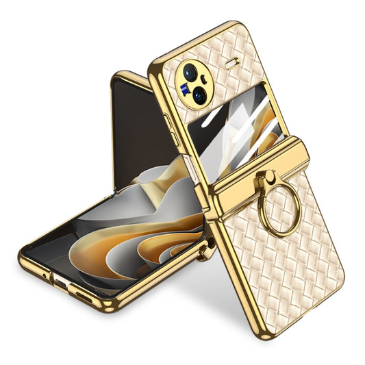 For vivo X Flip GKK  Shaft Electroplated Plain Leather Woven Texture Phone Case with Ring(Champagne Gold) - vivo Cases by GKK | Online Shopping South Africa | PMC Jewellery