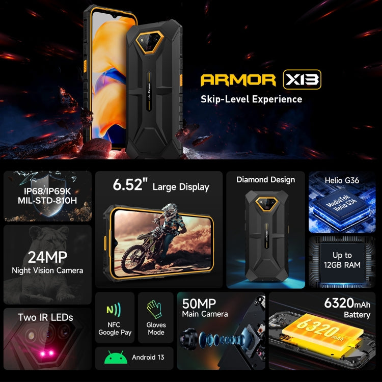 [HK Warehouse] Ulefone Armor X13, 6GB+64GB, IP68/IP69K Rugged Phone, 6.52 inch Android 13 MediaTek Helio G36 Octa Core, Network: 4G, NFC, OTG(Some Orange) - Ulefone by Ulefone | Online Shopping South Africa | PMC Jewellery