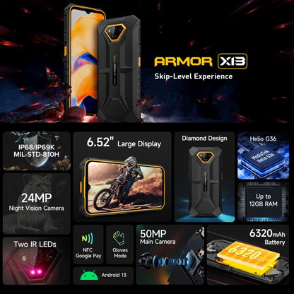 [HK Warehouse] Ulefone Armor X13, 6GB+64GB, IP68/IP69K Rugged Phone, 6.52 inch Android 13 MediaTek Helio G36 Octa Core, Network: 4G, NFC, OTG(All Black) - Ulefone by Ulefone | Online Shopping South Africa | PMC Jewellery