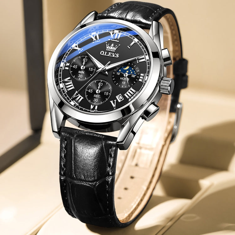 OLEVS 2871 Men Multifunctional Sports Chronograph Luminous Quartz Watch(Black + Silver) - Leather Strap Watches by OLEVS | Online Shopping South Africa | PMC Jewellery | Buy Now Pay Later Mobicred