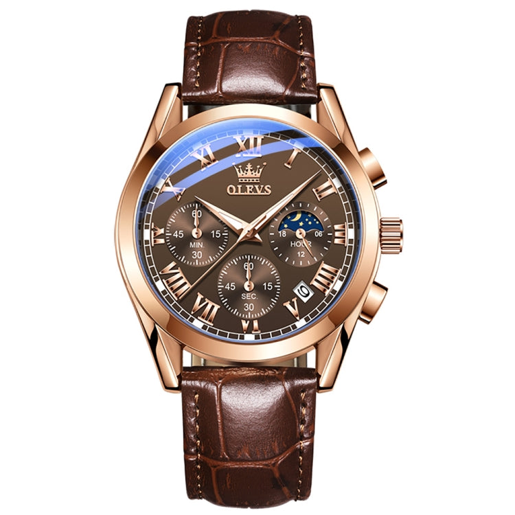 OLEVS 2871 Men Multifunctional Sports Chronograph Luminous Quartz Watch(Coffee + Rose Gold) - Leather Strap Watches by OLEVS | Online Shopping South Africa | PMC Jewellery | Buy Now Pay Later Mobicred