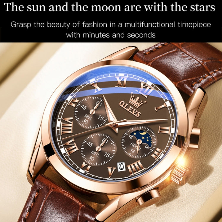 OLEVS 2871 Men Multifunctional Sports Chronograph Luminous Quartz Watch(Black + Rose Gold) - Leather Strap Watches by OLEVS | Online Shopping South Africa | PMC Jewellery