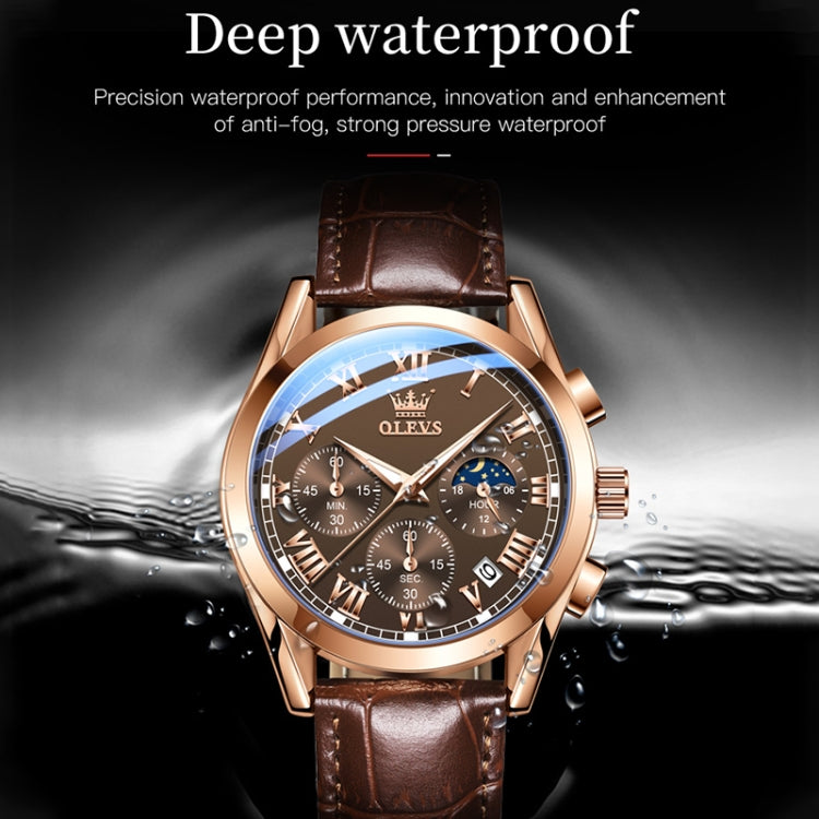 OLEVS 2871 Men Multifunctional Sports Chronograph Luminous Quartz Watch(Coffee + Rose Gold) - Leather Strap Watches by OLEVS | Online Shopping South Africa | PMC Jewellery | Buy Now Pay Later Mobicred