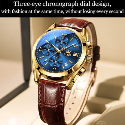 OLEVS 2872 Men Three Eyes Six Needles Chronograph Waterproof Quartz Watch(Blue + Gold) - Leather Strap Watches by OLEVS | Online Shopping South Africa | PMC Jewellery