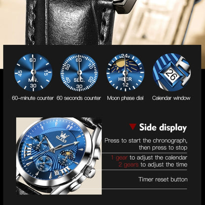 OLEVS 2876 Men Multifunctional Sports Chronograph Quartz Watch(Blue) - Leather Strap Watches by OLEVS | Online Shopping South Africa | PMC Jewellery | Buy Now Pay Later Mobicred