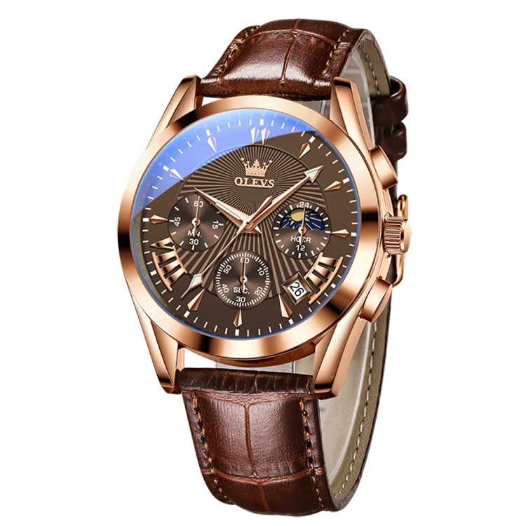 OLEVS 2876 Men Multifunctional Sports Chronograph Quartz Watch(Coffee + Rose Gold) - Leather Strap Watches by OLEVS | Online Shopping South Africa | PMC Jewellery