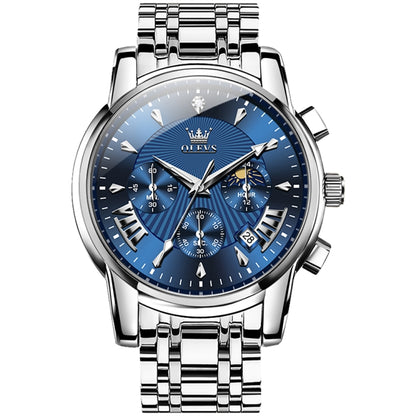 OLEVS 2892 Men Multifunctional Business Waterproof Quartz Watch(Blue + Silver) - Metal Strap Watches by OLEVS | Online Shopping South Africa | PMC Jewellery | Buy Now Pay Later Mobicred