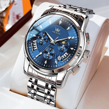 OLEVS 2892 Men Multifunctional Business Waterproof Quartz Watch(Blue + Silver) - Metal Strap Watches by OLEVS | Online Shopping South Africa | PMC Jewellery | Buy Now Pay Later Mobicred