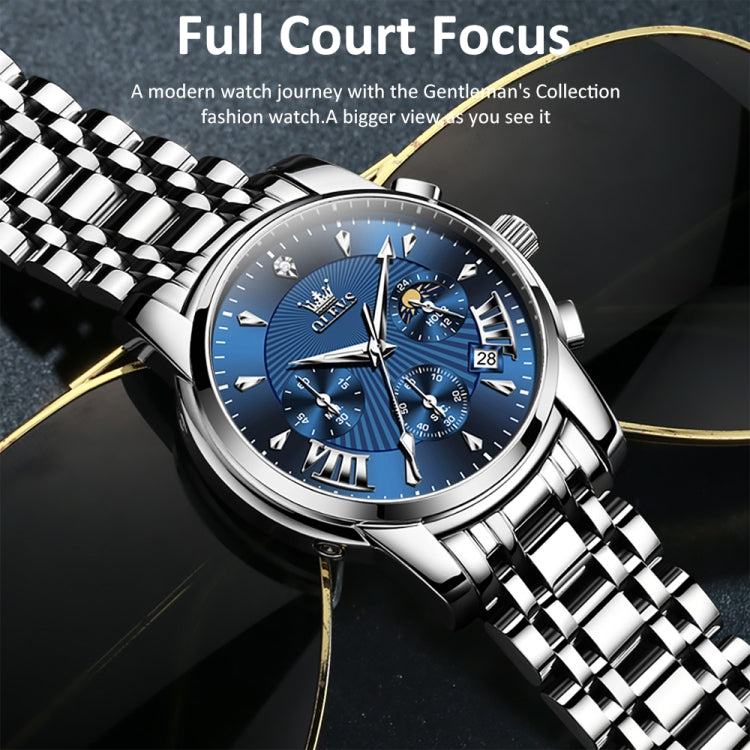 OLEVS 2892 Men Multifunctional Business Waterproof Quartz Watch(Blue + Silver) - Metal Strap Watches by OLEVS | Online Shopping South Africa | PMC Jewellery | Buy Now Pay Later Mobicred