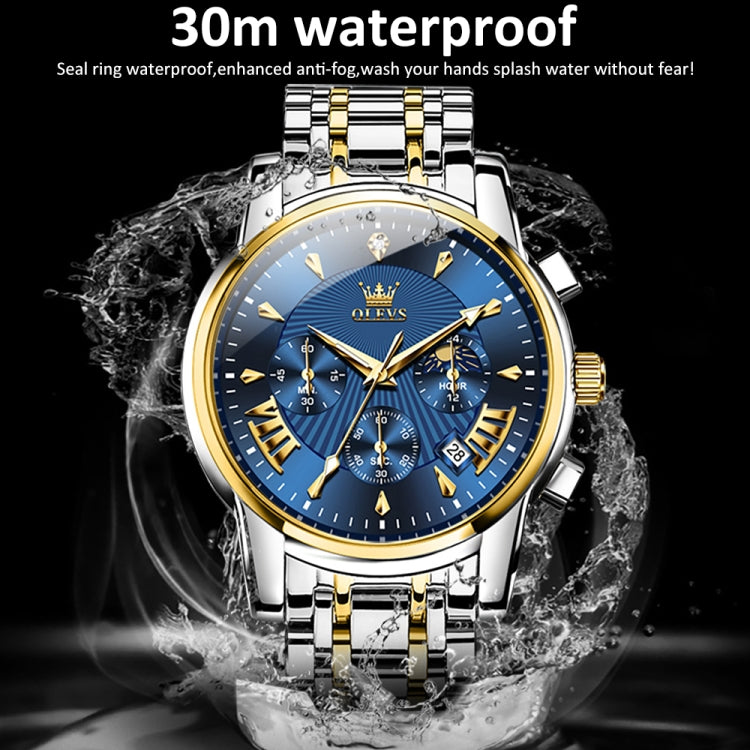 OLEVS 2892 Men Multifunctional Business Waterproof Quartz Watch(Blue + Gold) - Metal Strap Watches by OLEVS | Online Shopping South Africa | PMC Jewellery