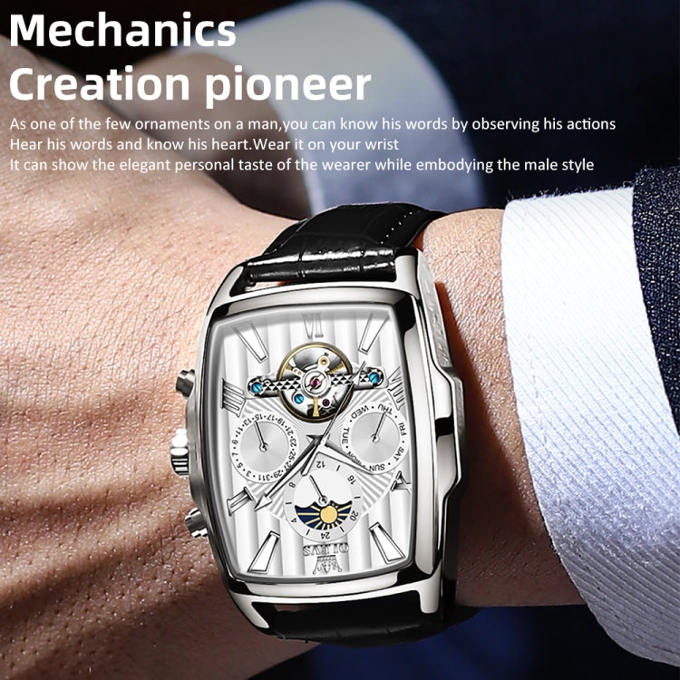 OLEVS 6675 Men Multifunctional Moon Phase Tourbillon Mechanical Watch(White + Silver) - Leather Strap Watches by OLEVS | Online Shopping South Africa | PMC Jewellery