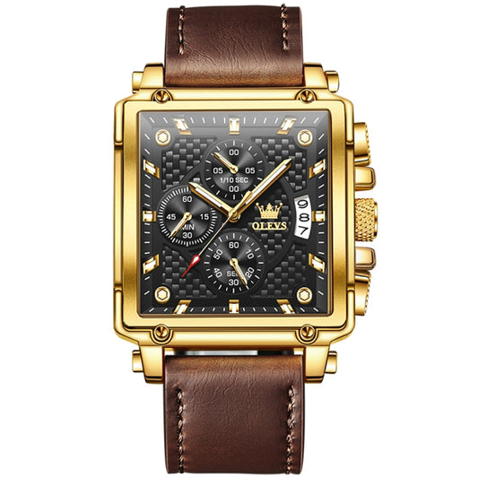 OLEVS 9925 Men Square Dial Multifunctional Waterproof Quartz Watch(Black + Gold) - Leather Strap Watches by OLEVS | Online Shopping South Africa | PMC Jewellery | Buy Now Pay Later Mobicred