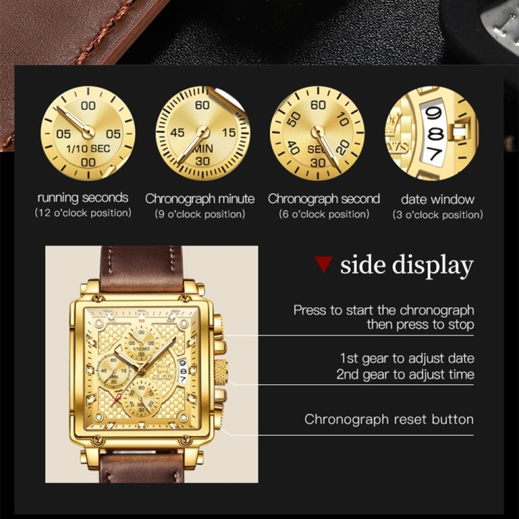 OLEVS 9925 Men Square Dial Multifunctional Waterproof Quartz Watch(Gold) - Leather Strap Watches by OLEVS | Online Shopping South Africa | PMC Jewellery