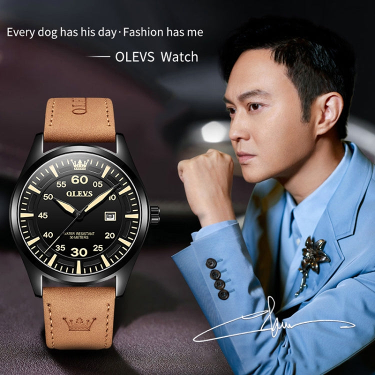 OLEVS 9962 Men Multifunctional Waterproof Quartz Watch(Gold + Brown) - Leather Strap Watches by OLEVS | Online Shopping South Africa | PMC Jewellery