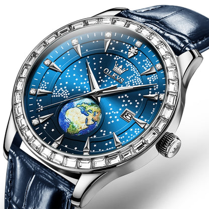 OLEVS 9967 Men Starry Sky Face Diamond Bezel Quartz Watch(Blue Leather Strap) - Leather Strap Watches by OLEVS | Online Shopping South Africa | PMC Jewellery