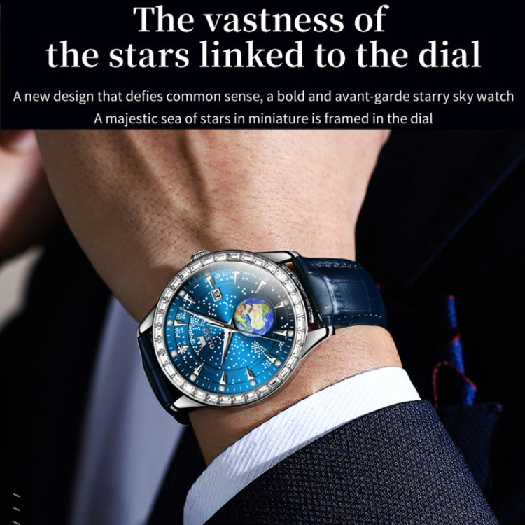 OLEVS 9967 Men Starry Sky Face Diamond Bezel Quartz Watch(Blue Leather Strap) - Leather Strap Watches by OLEVS | Online Shopping South Africa | PMC Jewellery