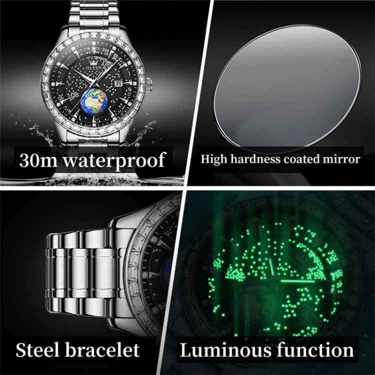 OLEVS 9967 Men Starry Sky Face Diamond Bezel Quartz Watch(Black Steel Strap) - Leather Strap Watches by OLEVS | Online Shopping South Africa | PMC Jewellery